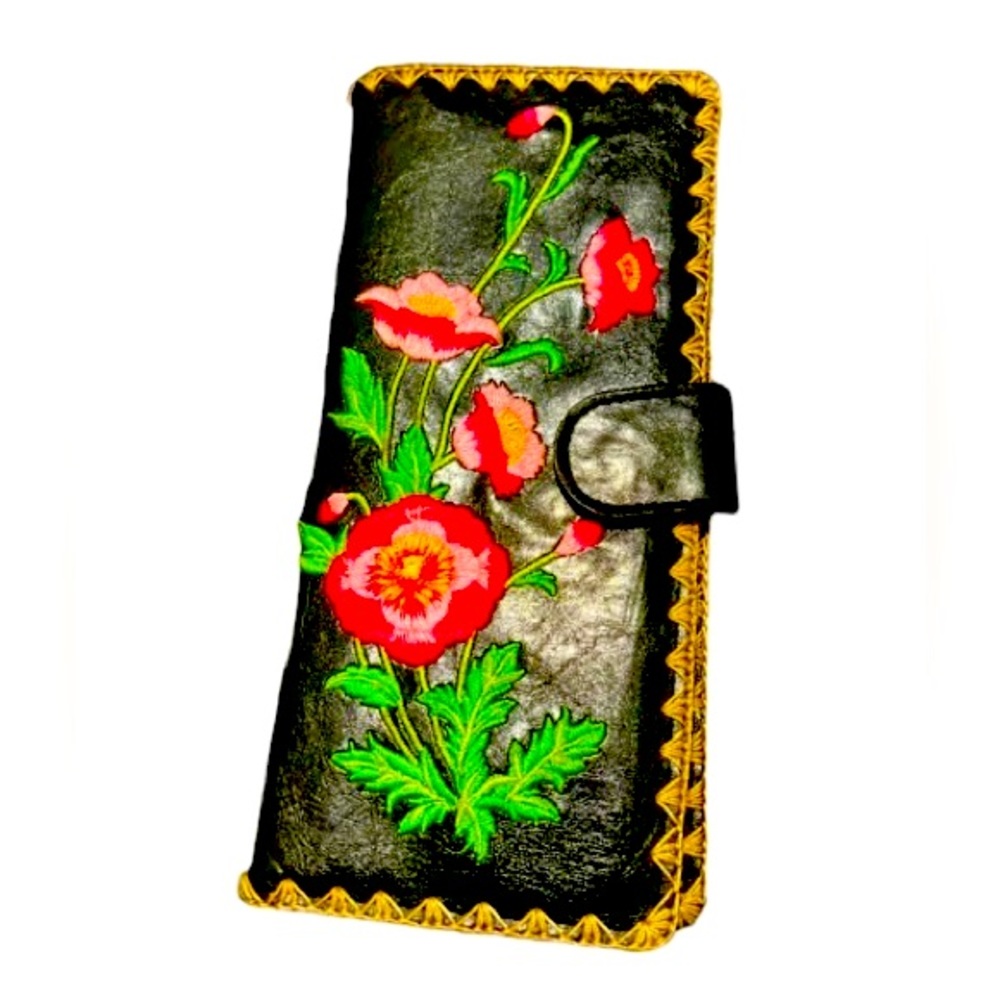 Lavishy Embroidered Floral Black Vegan Leather Bifold Wallet